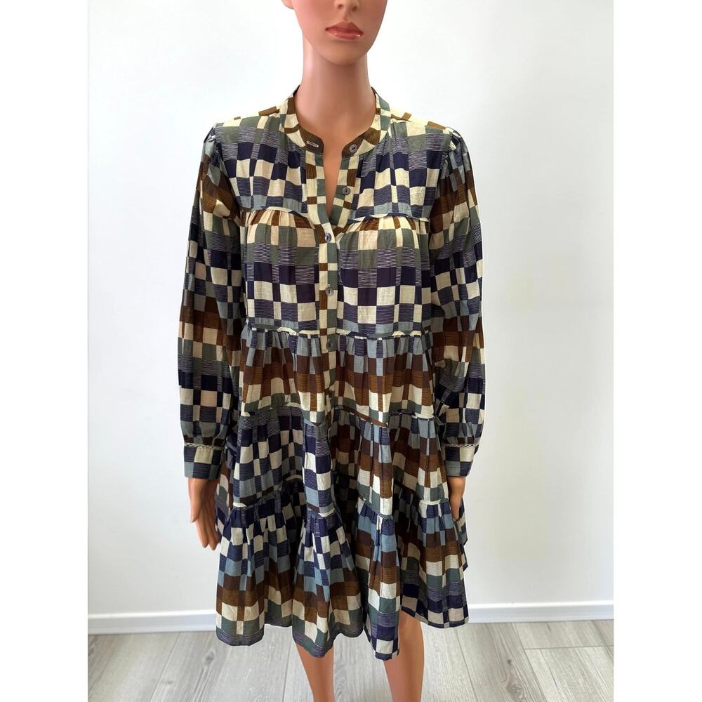 CORD Checkered Tiered Long Sleeve Dress Size Small Multi Color Boho Dobby Cotton